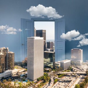 door opening revealing beautiful city